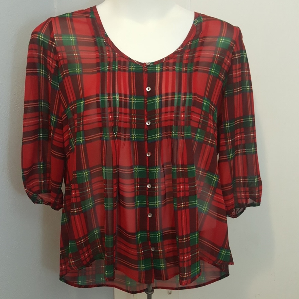 NorthStyle Sheer Red & Green Plaid Blouse - 1x